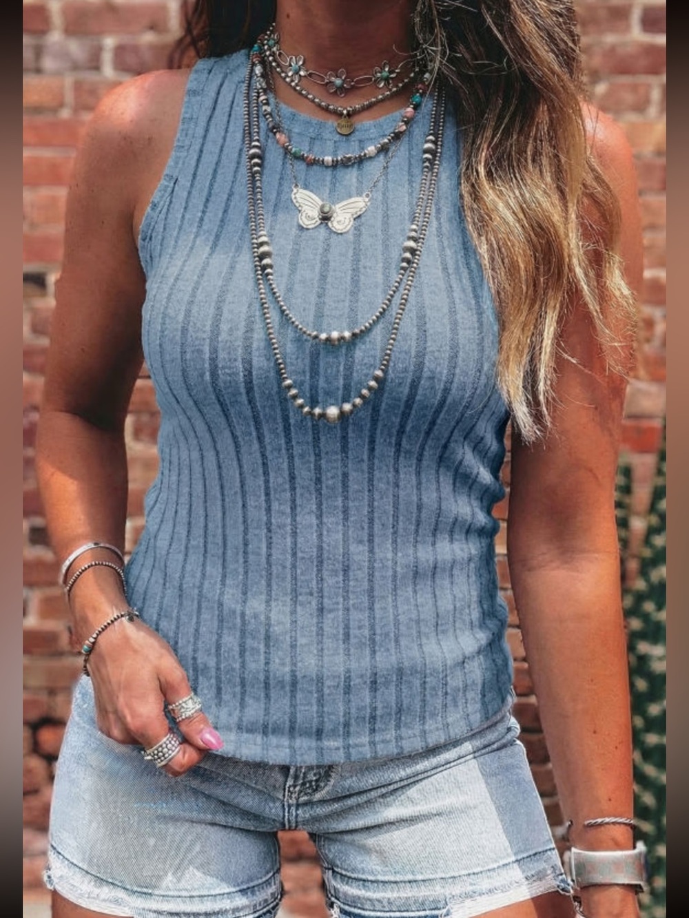 1232..  Sky blue ribbed mineral wash tank top - State Of Fashion